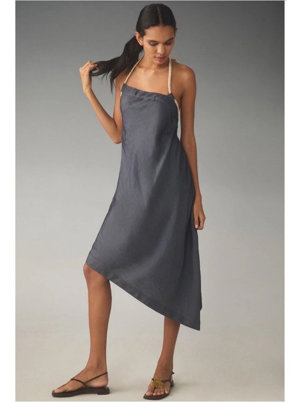 Anthropologie Let Me Be Size XS Rope Neck Asymmetrical Denim Midi Dress Blue